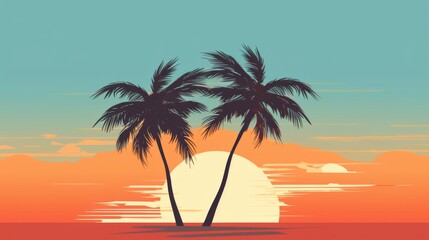 Fototapeta premium Graphic featuring a simple illustration of two palm trees with an ocean background and waves in vibrant orange, blue, and red colors.