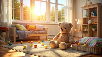 Adorable Teddy Bear in a Cozy Bedroom Setting Surrounded by Colorful Toys, Soft Textures, and Natural Light, Perfect for Children&acirc;&euro;&trade;s Decor and Gifts, Evoking Warmth and Comfort