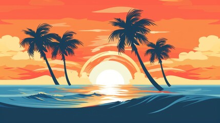 Obraz premium Graphic featuring a simple illustration of two palm trees with an ocean background and waves in vibrant orange, blue, and red colors.
