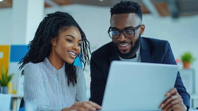 Two diverse businesspeople collaborate at laptop in office.