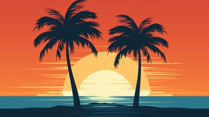 Graphic featuring a simple illustration of two palm trees with an ocean background and waves in vibrant orange, blue, and red colors.