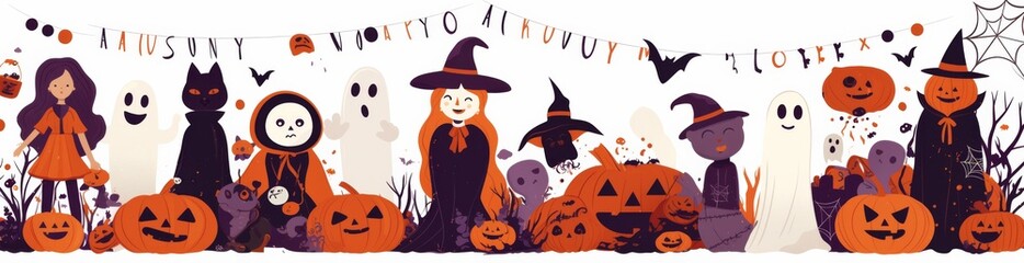Halloween garland featuring pumpkins, ghosts, and witch hats on a white background