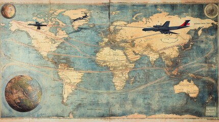 2410 63.A world map overlaid with several flight routes, each marked with a dotted line and a small airplane in motion. The globe in the background highlights various continents, while the