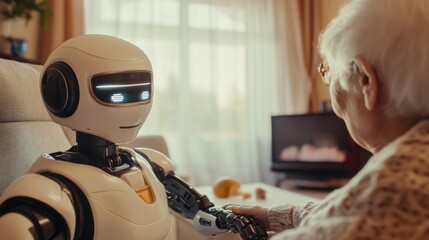 A humanoid robot with a compassionate expression, gently assisting an elderly person in a bright and cozy living room, warm and supportive home environment