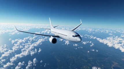 2410 60.A commercial jet flying high over the horizon, framed by a deep blue sky with scattered clouds. The aircraft white, blank livery gives it a sleek, modern appearance as it moves effortlessly