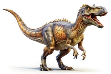 Fototapeta premium Aerial View of Rajasaurus Dinosaur on a White Background - Stunning Generative AI Artwork, Prehistoric Creature, Digital Art, Unique Design, Creative Representation, Nature's Wonders