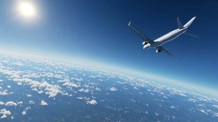 2410 60.A commercial jet flying high over the horizon, framed by a deep blue sky with scattered clouds. The aircraft white, blank livery gives it a sleek, modern appearance as it moves effortlessly