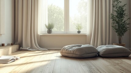Two gray floor cushions sit in front of a window with white curtains, in a minimalist living room with hardwood floors.