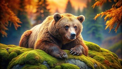 Obraz premium Fuzzy textures, rock formations, a bear basking in surreal dreams.