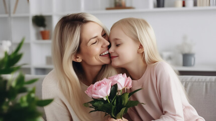 mother and daughter, a daughter is giving flowers to her mother, sitting on the sofa in their modern living room