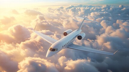 Fototapeta premium 2410 57.A jet airliner flies high above the clouds, its sleek design captured mid-flight with the sun casting a soft glow on its blank livery. The background of fluffy white clouds and blue sky