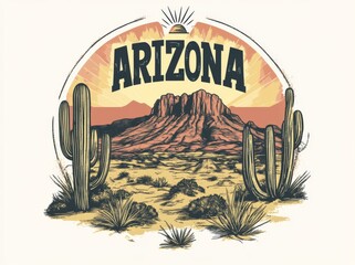 Hand-drawn logo depicting the Arizona desert, featuring cacti and mountains in muted pastel colors. The design prominently displays the large text "ARIZONA"