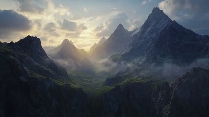 Fototapeta premium Mountain Landscape Transitioning from Day to Night, showcasing the enchanting shift of colors and shadows across rugged peaks and valleys.