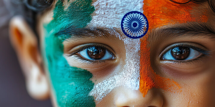 A child with the Indian tricolor painted on their face along with the Ashoka Chakra, symbolizing patriotism, pride, and love for the country, capturing the innocence and hope of India's future generat
