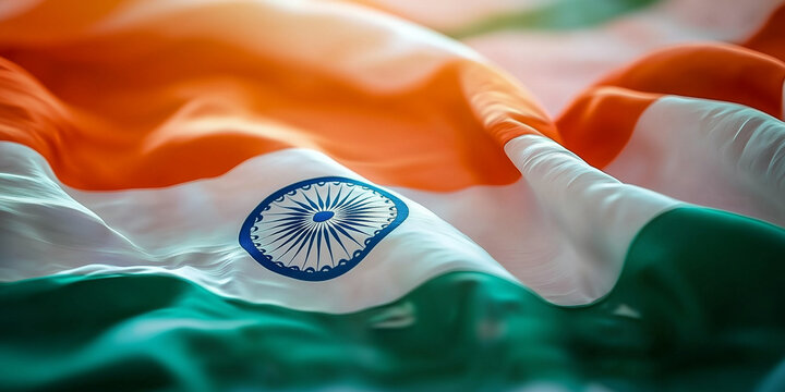The Indian flag with its vibrant tricolor of saffron, white, and green waving gracefully in the wind, with a clear view of the Ashoka Chakra symbol in the center, symbolizing freedom and unity
