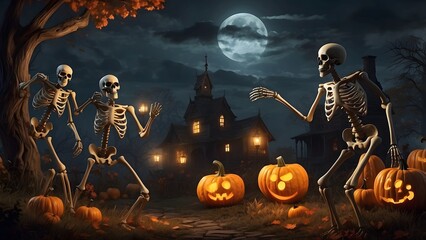 Halloween party theme banner background, skeletons dancing and having fun, full moonlit sky night, glowing pumpkins in a graveyard creepy old church, holiday event Halloween banner