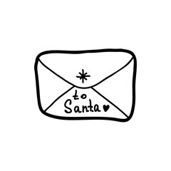 Letter to Santa in Doodle Style. Simple envelope icon. Black and white, isolated simple hand drawn vector illustration. Stock isolated clipart on a white background.