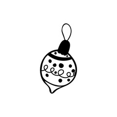 Christmas ball, single design element.  Christmas, holidays. Hand drawn vector illustration in doodle style outline drawing isolated on white background.Simple vector icon