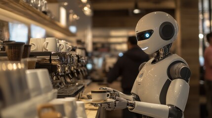 A humanoid robot with a friendly smile, serving coffee in a trendy, modern café with stylish decor and a bustling atmosphere