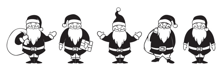 collection of santa claus vector illustration black and white drawing. cute full length santa claus vector collection of black and white illustrations