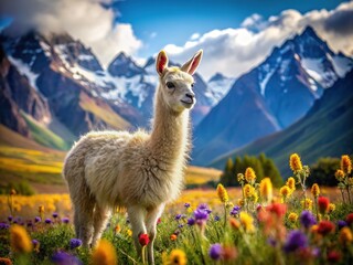 Fototapeta premium In the ethereal heights of the Andes, a tiny llama frolics, its tiny hooves echoing through the mountain air.