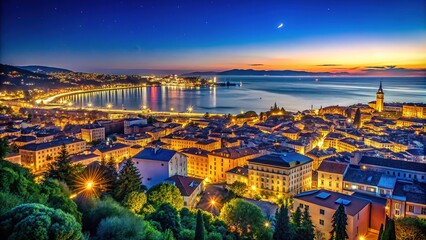 Obraz premium Italy's Trieste at night: a breathtaking urban panorama.