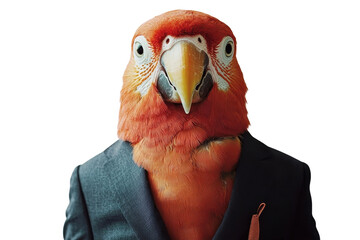 A parrot dressed in a suit, isolate on white background, adding a touch of humor and style. PNG