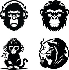 Set of Creative ape silhouette is wearing Headphones Smoking Baby ape and Fierce Designs