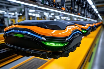 3D rendering of an automated assembly line, showing products being efficiently moved through a digital manufacturing process