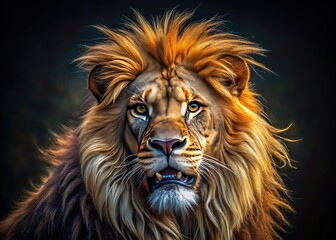 Fototapeta premium Low light illuminates the lion's power, revealing its hidden beauty.