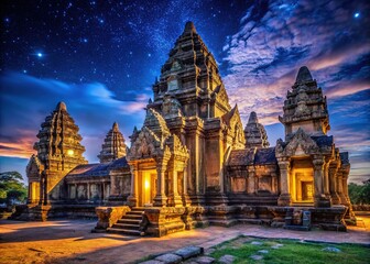 Fototapeta premium Low light photography reveals the haunting beauty of Thew Prasat temple at dusk.