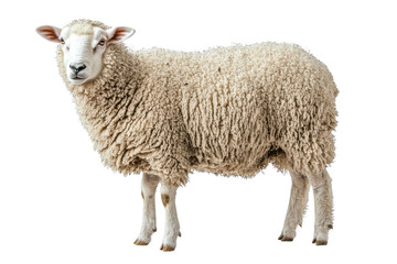 Obraz premium A sheep standing on all fours, isolate on white background, showcasing its woolly texture and features. PNG