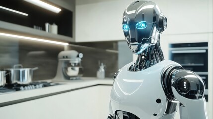 A humanoid robot with a reflective chrome surface, positioned in a sleek modern kitchen with advanced cooking appliances, ultra-modern and futuristic culinary setting