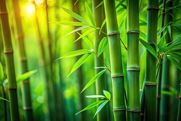 Fototapeta premium Close-Up of a Bamboo Plant with Lush Green Leaves and Textured Stems in High Depth of Field, Showcasing Nature's Beauty and Tranquility for Relaxation and Aesthetic Purposes