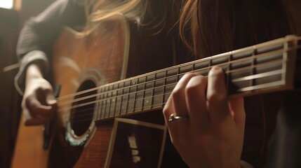 Fototapeta premium Acoustic guitar played by a girl, AI generated image