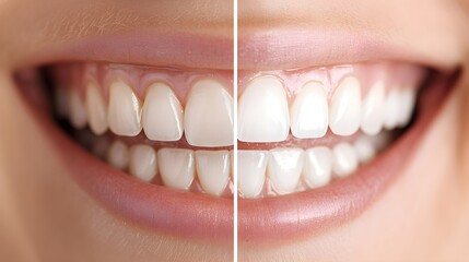 Before-and-after smile makeover, focusing on the transformation of a patient's teeth with veneers, showcasing perfect alignment and brightness, Photorealistic, Bright Lighting