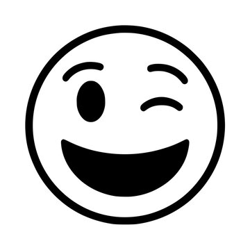 Naklejki Winking Smiley Face Emoji Icon Illustration, Simple black-and-white winking smiley face emoji, conveying a playful and cheerful expression, ideal for messaging and social media.  
