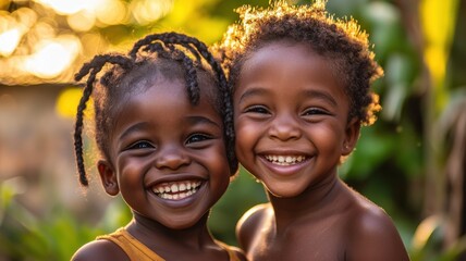 Two smiling children embrace joyfully against a vibrant natural backdrop, radiating happiness and innocence.