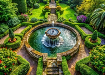 Fototapeta premium Lush greenery swirls around a timeless stone fountain.