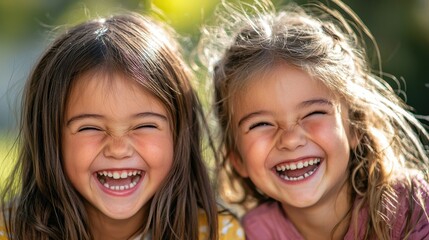 Fototapeta premium Two young girls are joyfully laughing together, showcasing bright smiles and playful camaraderie against a soft, natural background.