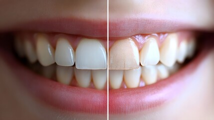 Cosmetic bonding procedure results, featuring a before shot of chipped front teeth and an after shot with smooth, symmetrical teeth post-bonding