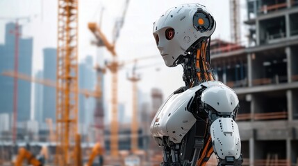 Fototapeta premium A humanoid robot with a rugged, exoskeleton-like frame, standing in the middle of a busy construction site with towering cranes and heavy machinery
