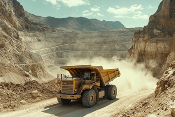 Large yellow mining truck is driving through a dusty open pit mine