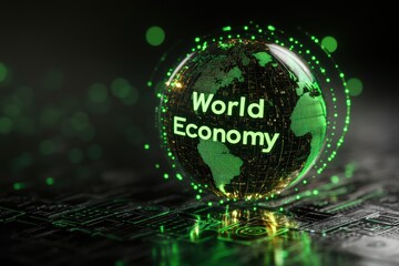 World economy hologram floating over computer motherboard circuit board