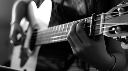 Obraz premium Acoustic guitar played by a girl, AI generated image