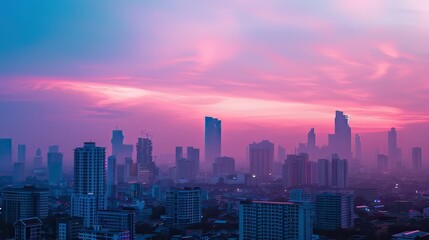 Photograph the skyline during early morning, with soft light illuminating the buildings against a pastel sky.