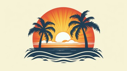 Obraz premium two palm trees and the sun with waves in the background.