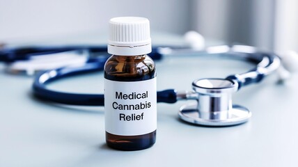 Medical cannabis relief bottle next to a stethoscope on a clean surface.