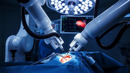 Surgical robots performing a precise operation in a modern operating room with bright surgical lights.