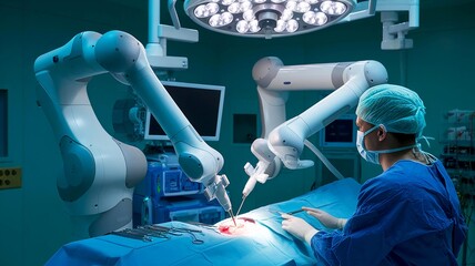 Surgeon using robotic arms during surgery in modern operating room.